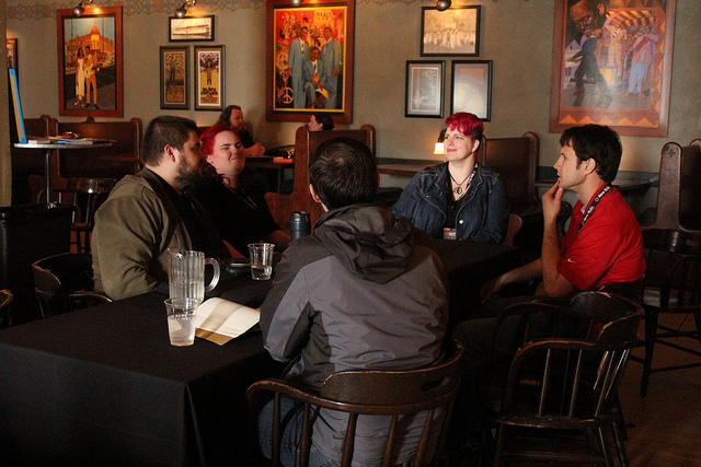 A group of people talking together